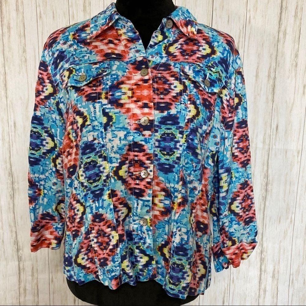 Ruby Rd Aztec ikat linen jacket blouse size large - Picture 3 of 7